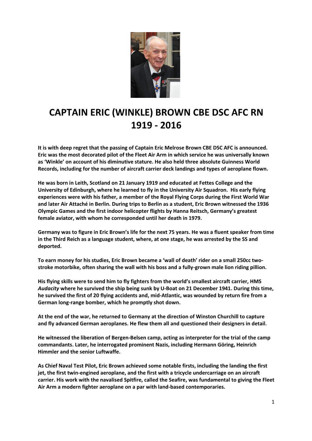 Captain Eric (Winkle) Brown Cbe Dsc Afc Rn 1919 - 2016