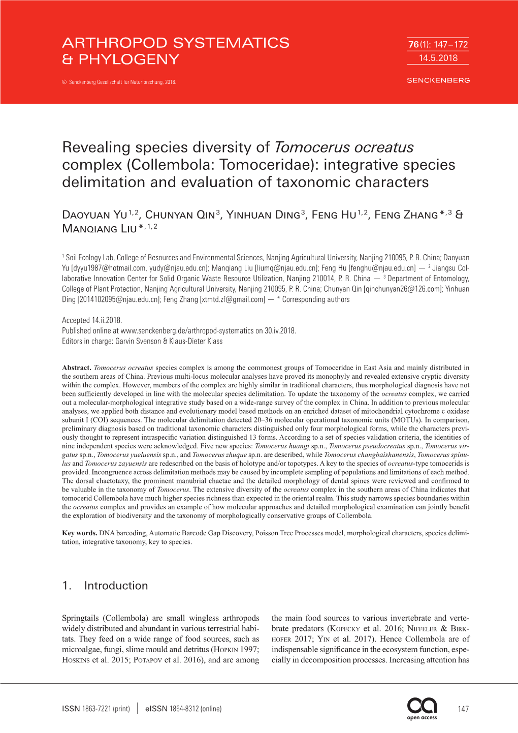 Collembola: Tomoceridae): Integrative Species Delimitation and Evaluation of Taxonomic Characters