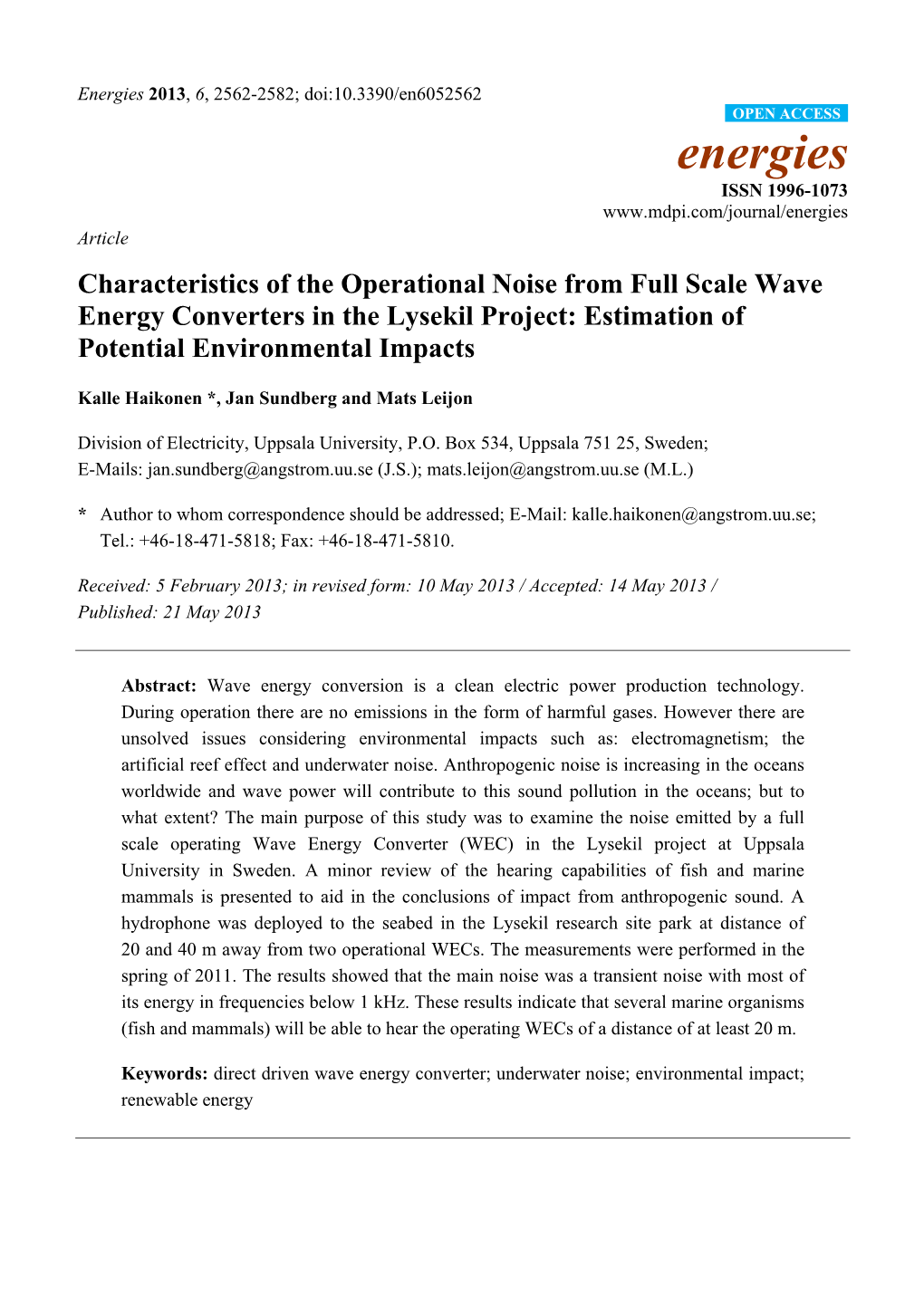 Characteristics of the Operational Noise from Full Scale Wave Energy Converters in the Lysekil Project: Estimation of Potential Environmental Impacts