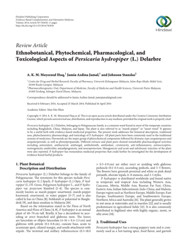Ethnobotanical, Phytochemical, Pharmacological, and Toxicological Aspects of Persicaria Hydropiper (L.) Delarbre