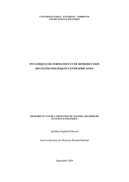 Dynamiques De Formation Et De Reproduction Des Elites Politiques Centrafricaines