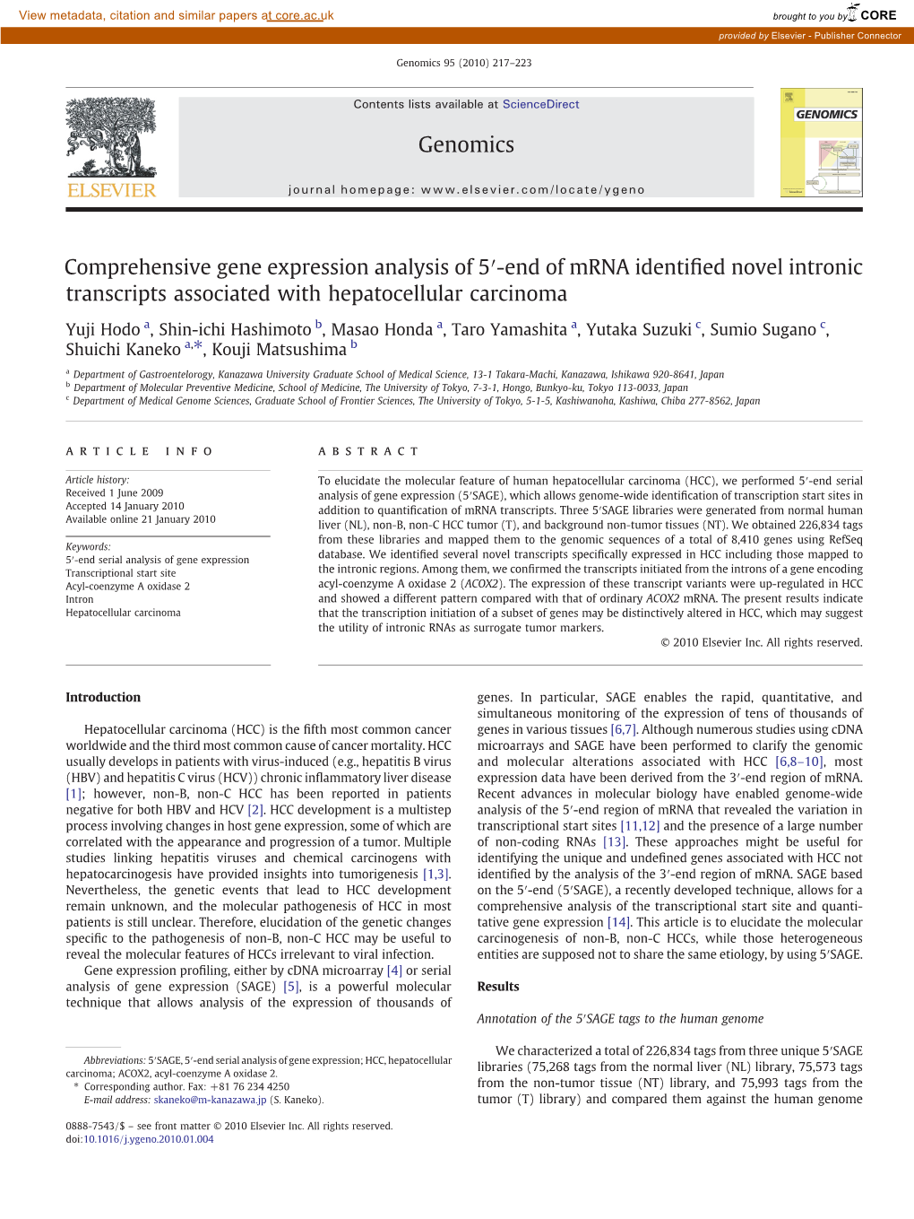 Comprehensive Gene Expression Analysis of 5′-End of Mrna Identiﬁed Novel Intronic Transcripts Associated with Hepatocellular Carcinoma