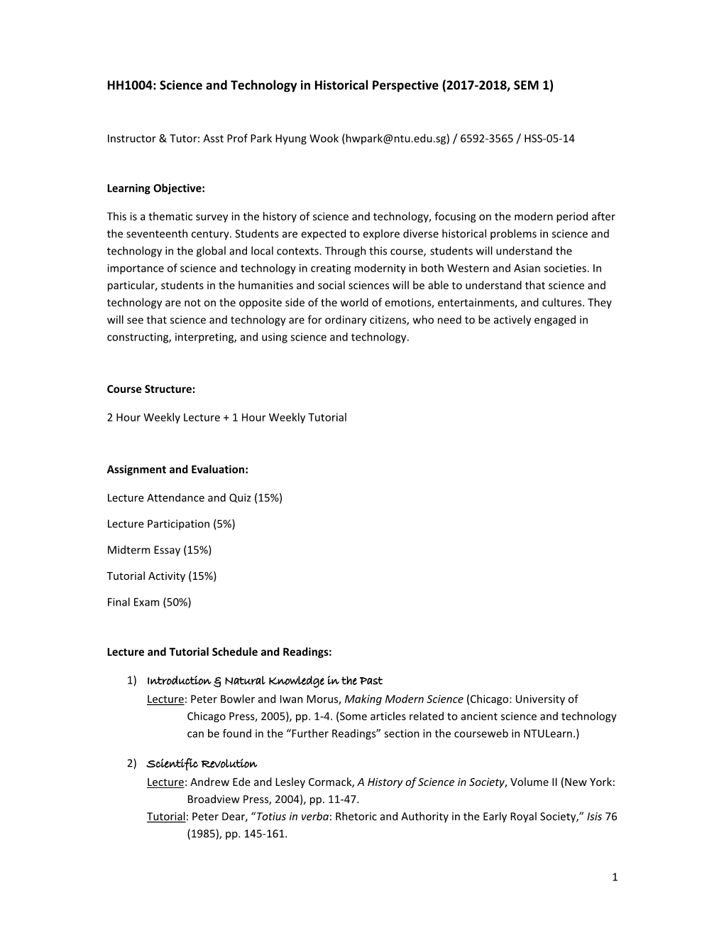 Science and Technology in Historical Perspective (2017‐2018, SEM 1)