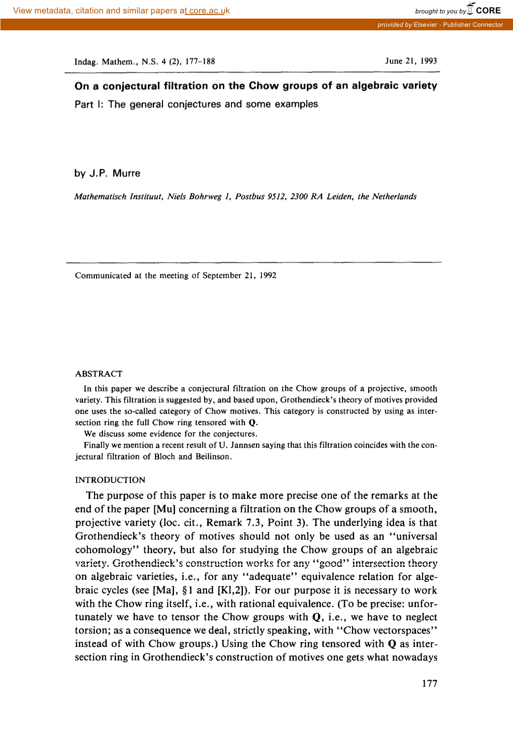 [Mu] Concerning a Filtration on the Chow Groups of a Smooth, Projective Variety (Lot