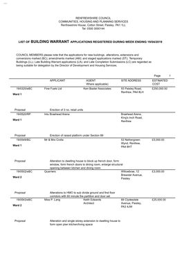 List of Building Warrant Applications Registered During Week Ending 19/04/2019