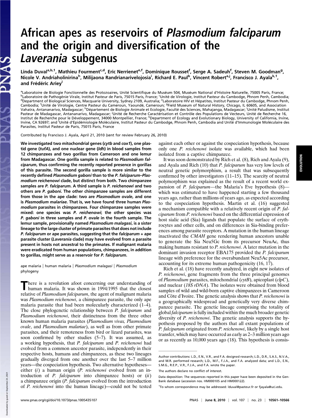 African Apes As Reservoirs of Plasmodium Falciparum and the Origin and Diversiﬁcation of the Laverania Subgenus