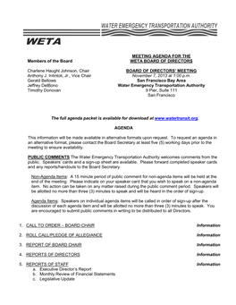 Meeting Agenda for the Weta Board of Directors Board