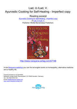 Lad, U./Lad, V. Ayurvedic Cooking for Self-Healing - Imperfect Copy Reading Excerpt Ayurvedic Cooking for Self-Healing - Imperfect Copy of Lad, U./Lad, V