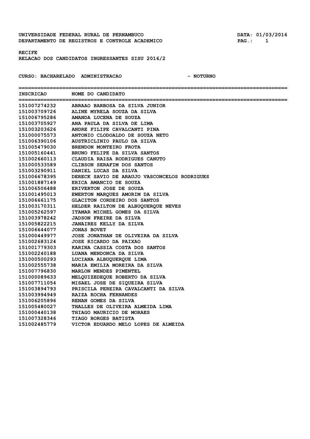 Universidade Federal Rural De Pernambuco Data: 01/03/2016 Departamento De Registros E Controle Academico Pag.: 1