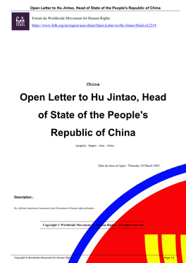 Open Letter to Hu Jintao, Head of State of the People's Republic of China