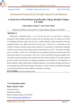 A Check List of Weed Plants from Bareilly College, Bareilly Campus, U.P, India