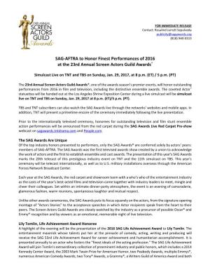 SAG-AFTRA to Honor Finest Performances of 2016 at the 23Rd Annual Screen Actors Guild Awards®