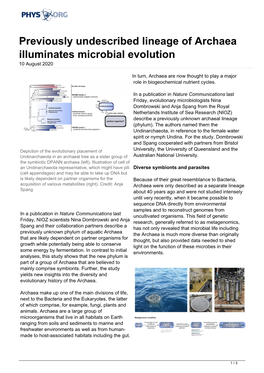 Previously Undescribed Lineage of Archaea Illuminates Microbial Evolution 10 August 2020