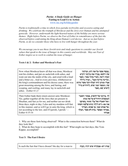 Purim: a Study Guide on Hunger Fasting to Lead Us to Action
