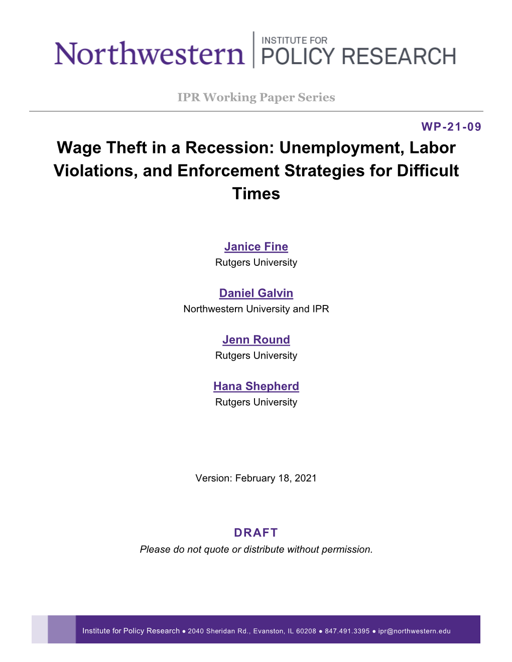 Wage Theft in a Recession: Unemployment, Labor Violations, and Enforcement Strategies for Difficult Times