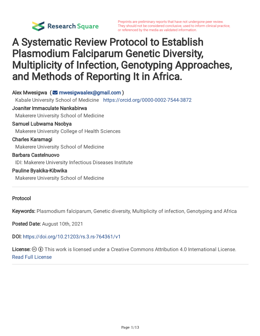 A Systematic Review Protocol to Establish Plasmodium Falciparum