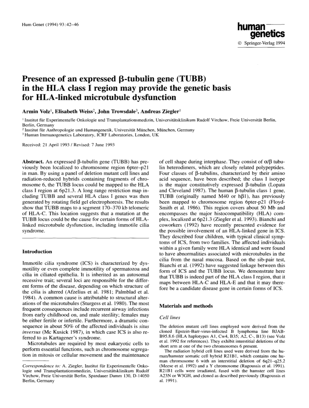 Tubulin Gene (TUBB) in the HLA Class I Region May Provide the Genetic Basis for HLA-Linked Microtubule Dysfunction