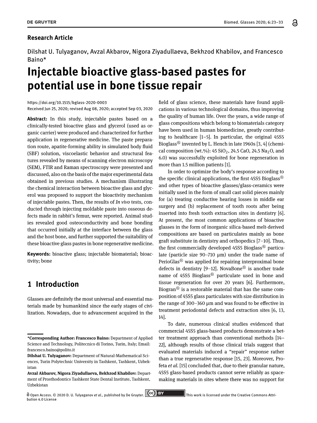 Injectable Bioactive Glass-Based Pastes for Potential Use in Bone