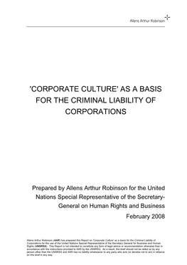'Corporate Culture' As a Basis for the Criminal Liability of Corporations