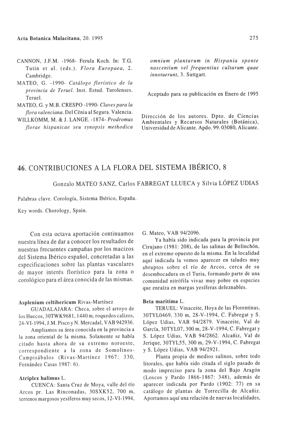 46. Contribuciones a La Flora Del Sistema Ibérico, 8