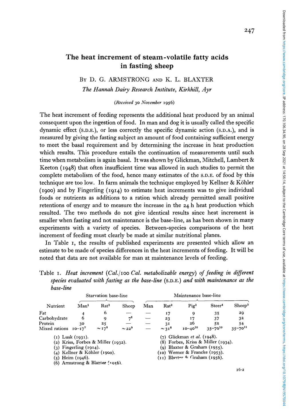 The Heat Increment of Steam-Volatile Fatty Acids in Fasting Sheep