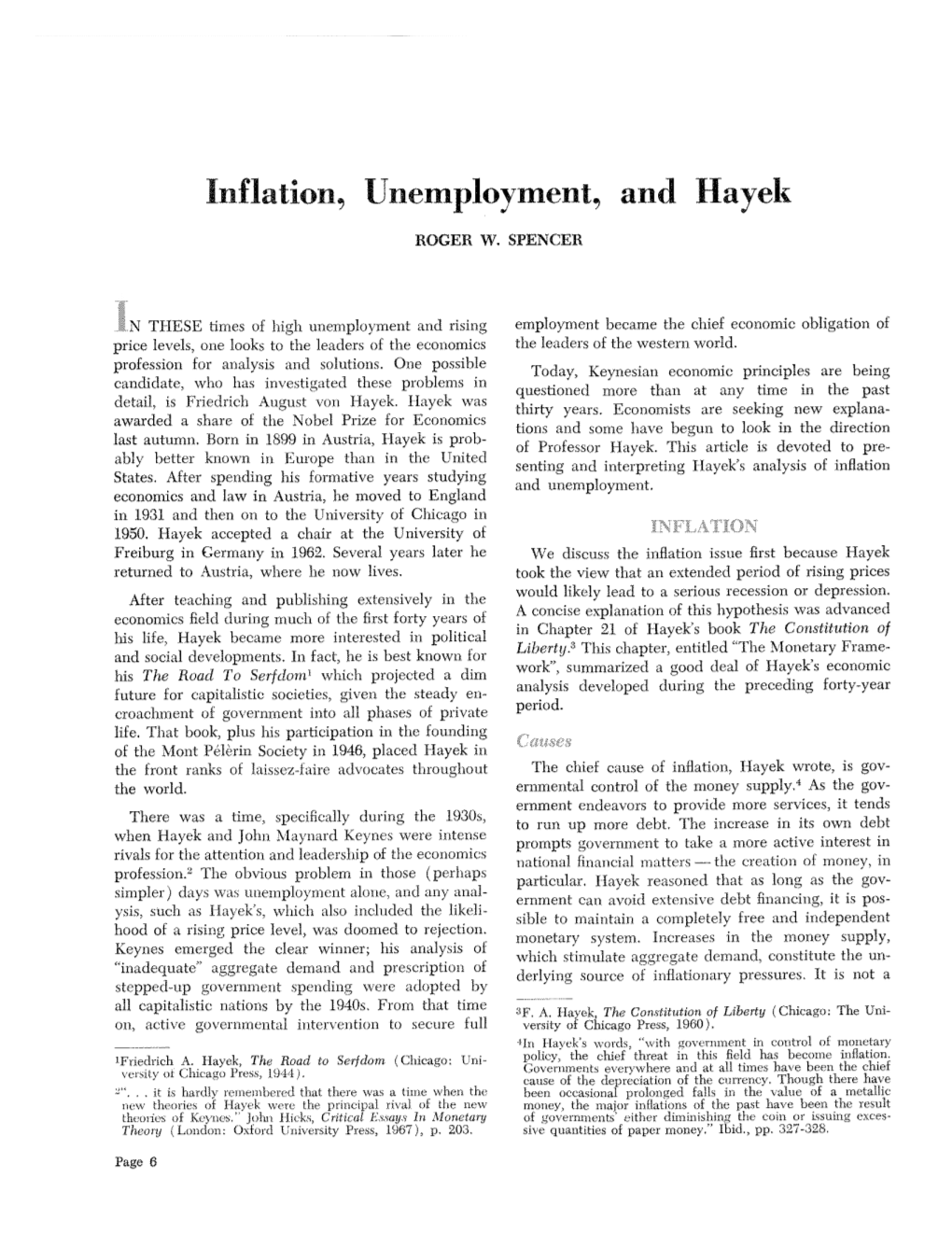 Inflation, Unemployment, and Hayek