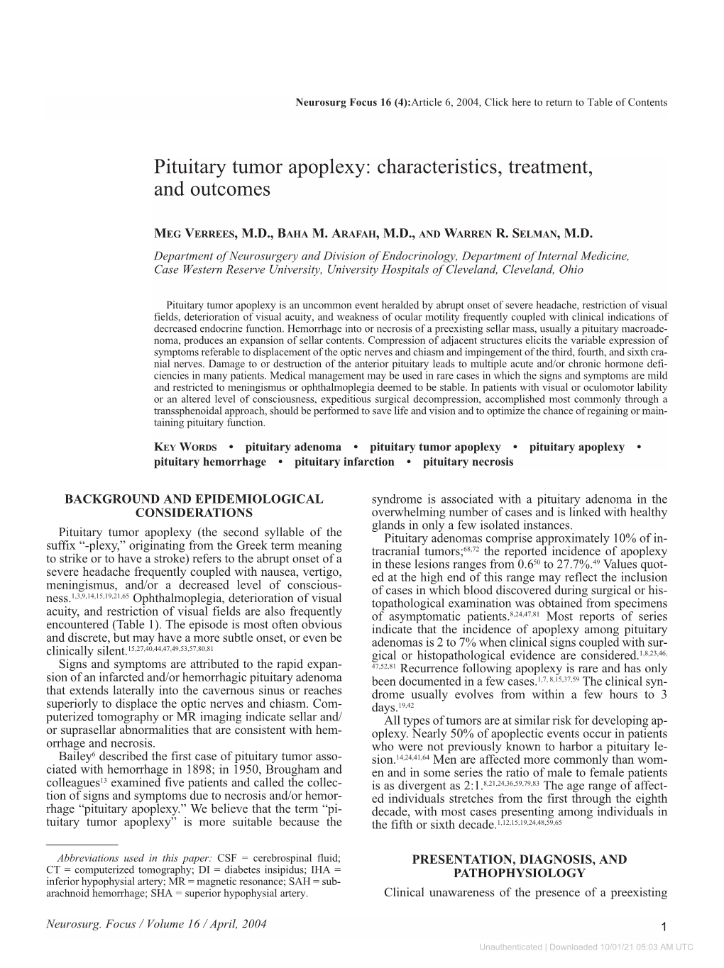 Pituitary Tumor Apoplexy: Characteristics, Treatment, and Outcomes