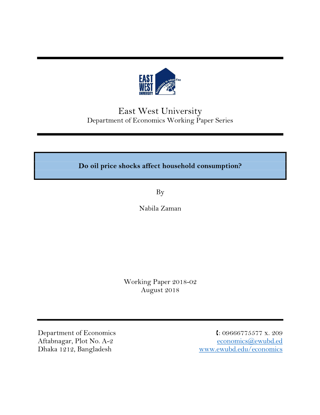 East West University Department of Economics Working Paper Series