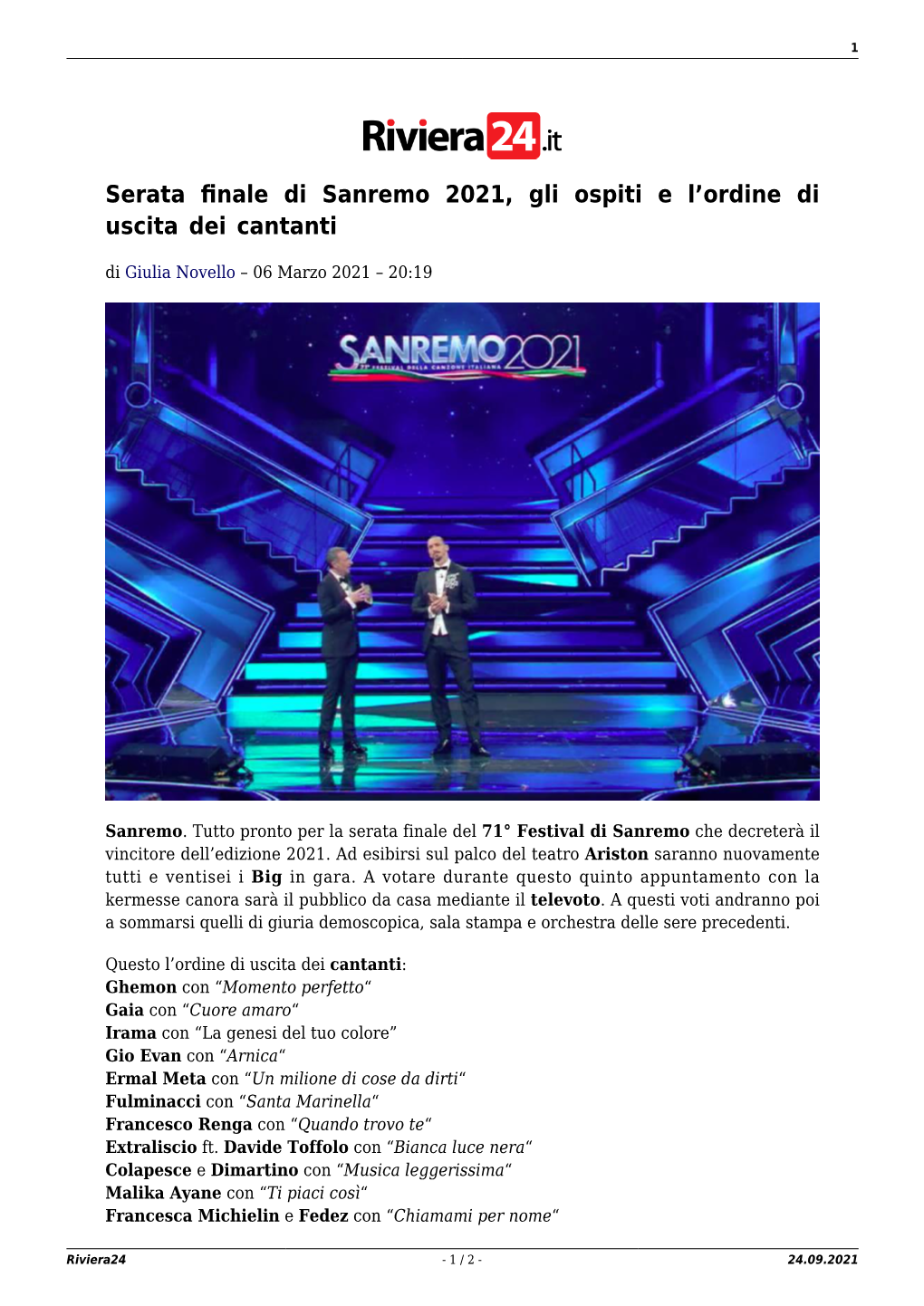Serata Finale Di Sanremo 2021, Gli Ospiti E L'ordine Di Uscita Dei Cantanti