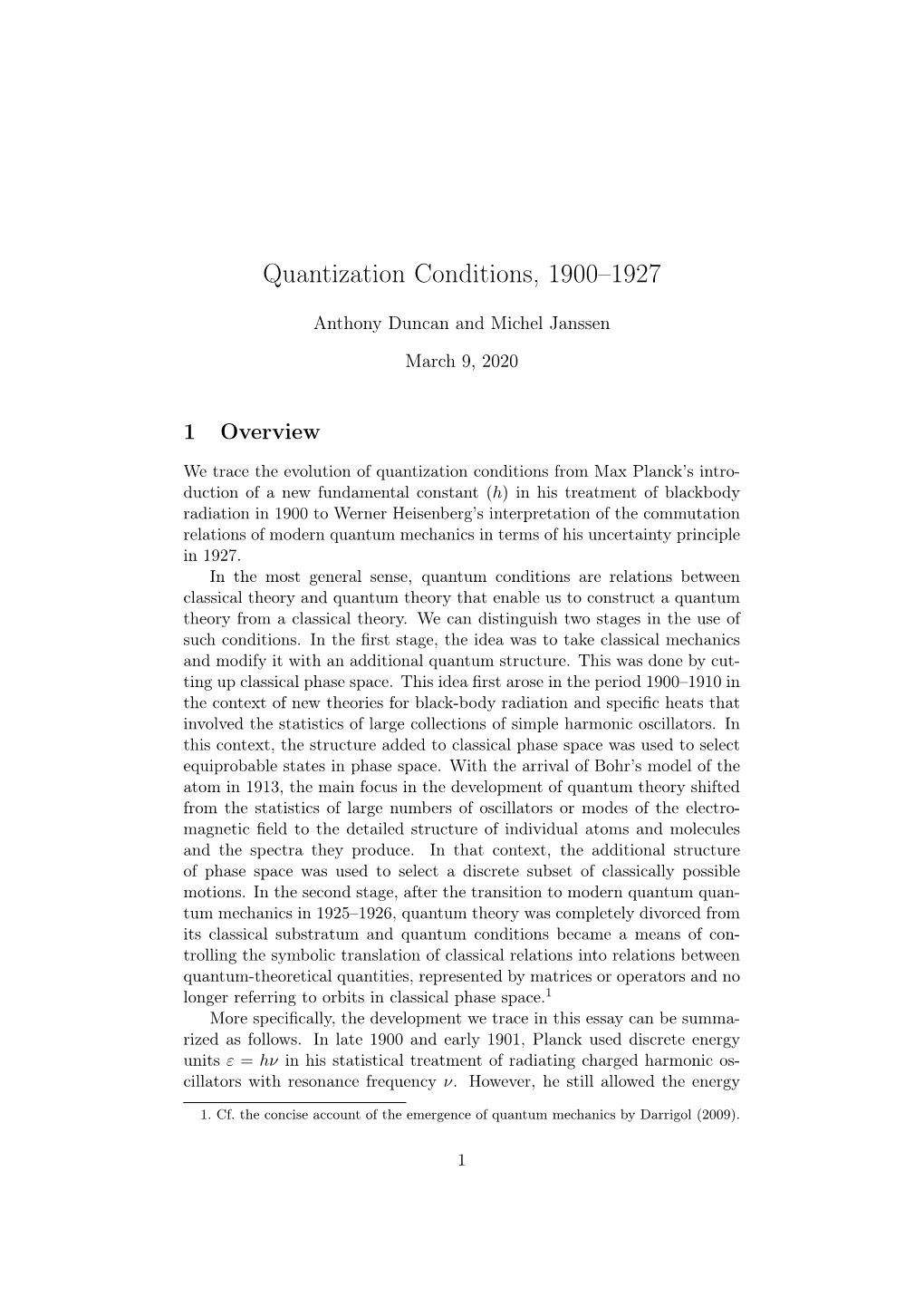 Quantization Conditions, 1900–1927