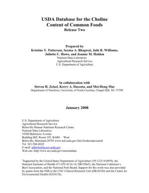 USDA Database for the Choline Content of Common Foods, Release One)