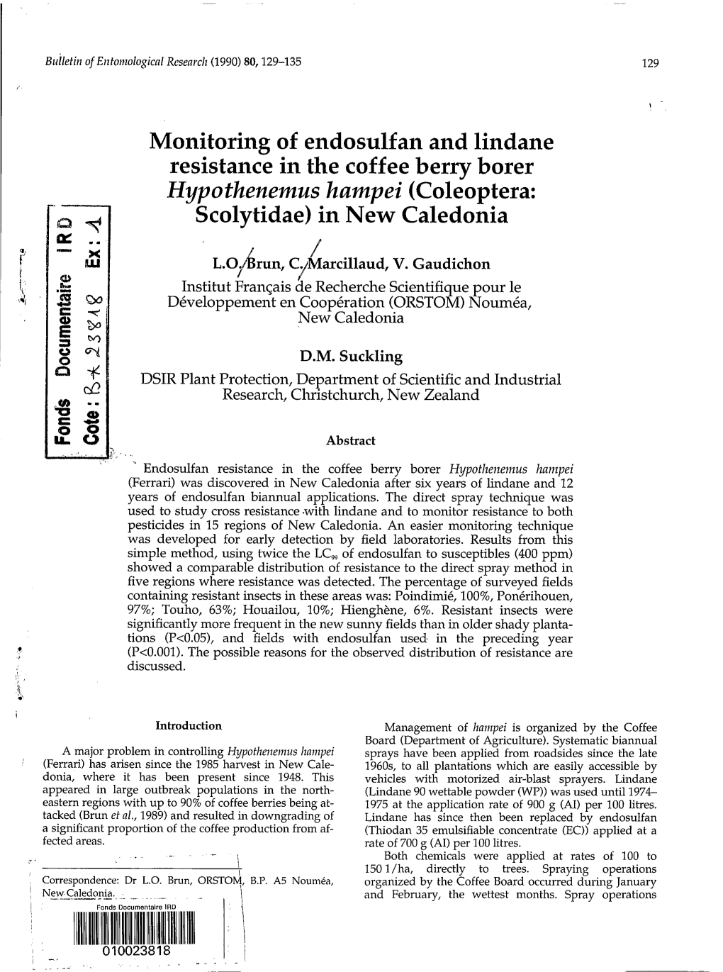 Monitoring of Endosulfan and Lindane Resistance in the Coffee Berry Borer Hypothenemus Hampeì (Coleoptera: Scolytidae) in New Caledonia