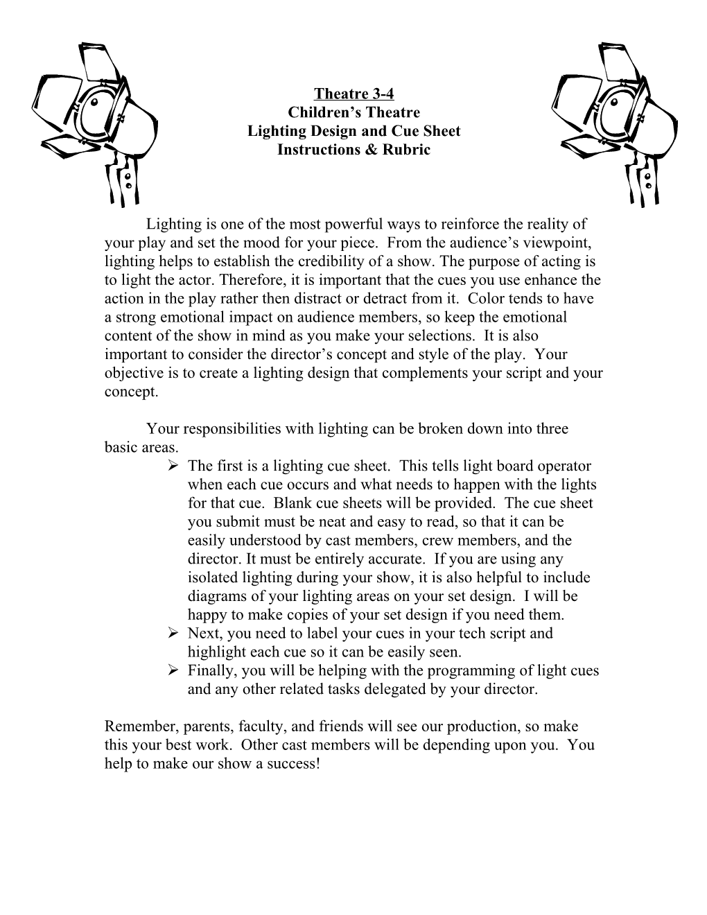 Lighting Design and Cue Sheet