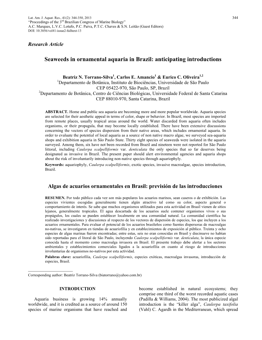 Seaweeds in Ornamental Aquaria in Brazil: Anticipating Introductions