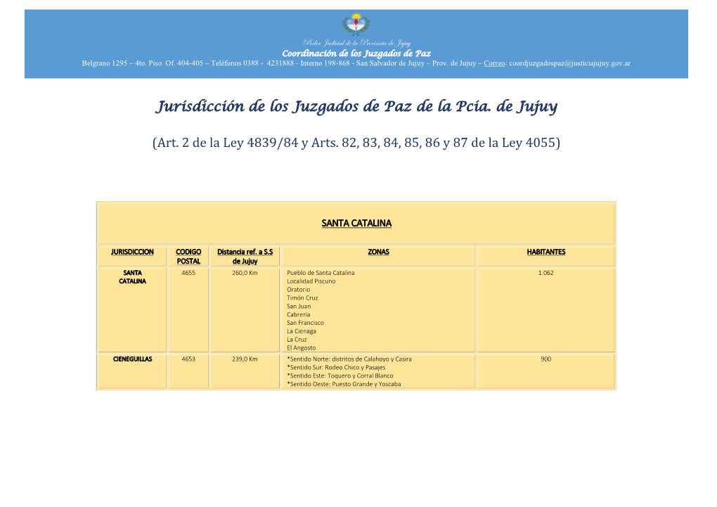 Jurisdicción De Los Juzgados De Paz De La Pcia. De Jujuy (Art. 2 De La Ley 4839/84 Y Arts. 82, 83, 84, 85, 86 Y 87 De La Ley 40