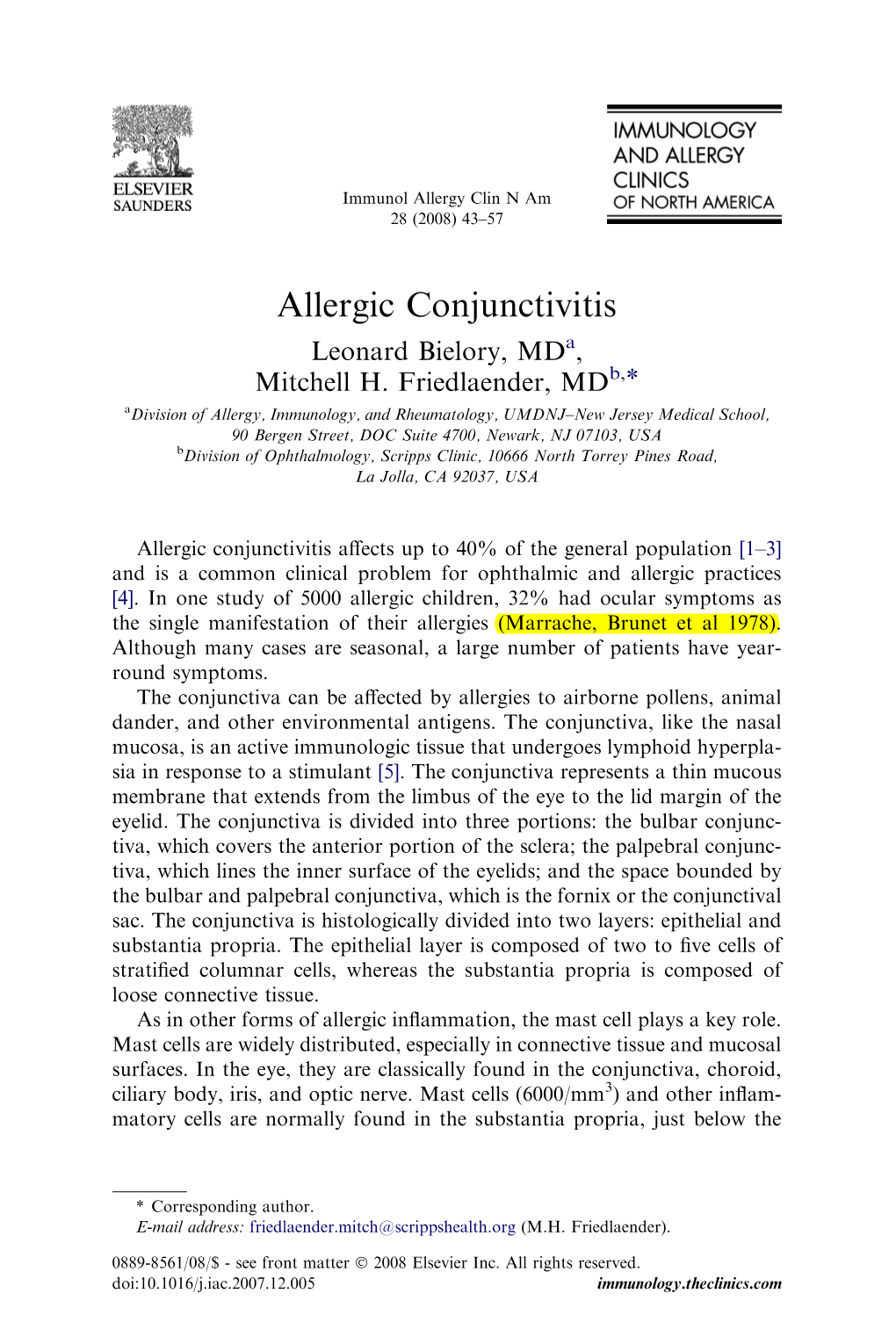 Allergic Conjunctivitis Leonard Bielory, Mda, Mitchell H