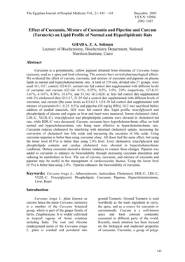 Effect of Curcumin, Mixture of Curcumin and Piperine and Curcum (Turmeric) on Lipid Profile of Normal and Hyperlipidemic Rats