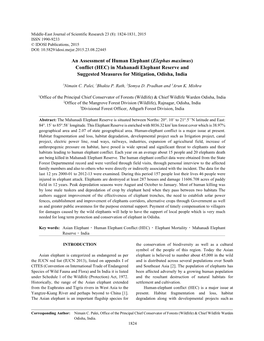 An Assessment of Human Elephant (Elephas Maximus) Conflict (HEC) in Mahanadi Elephant Reserve and Suggested Measures for Mitigation, Odisha, India