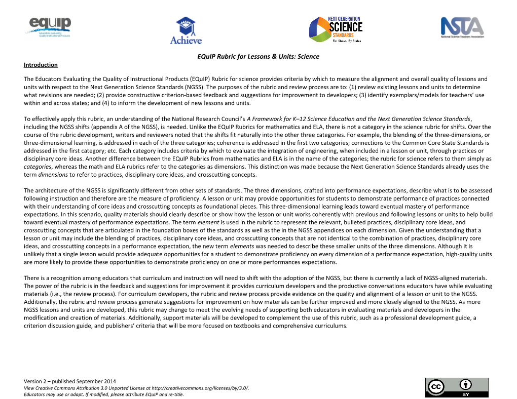 Equip Rubric for Lessons & Units: Science (Version 2)