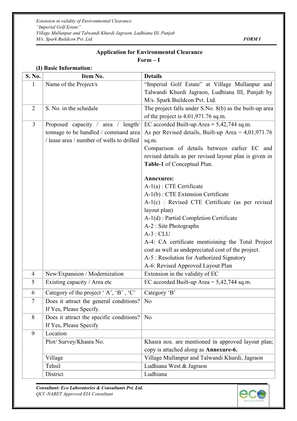 Extension in Validity of Environmental Clearance “Imperial Golf Estate” Village Mullanpur and Talwandi Khurdi Jagraon, Ludhiana III, Punjab M/S