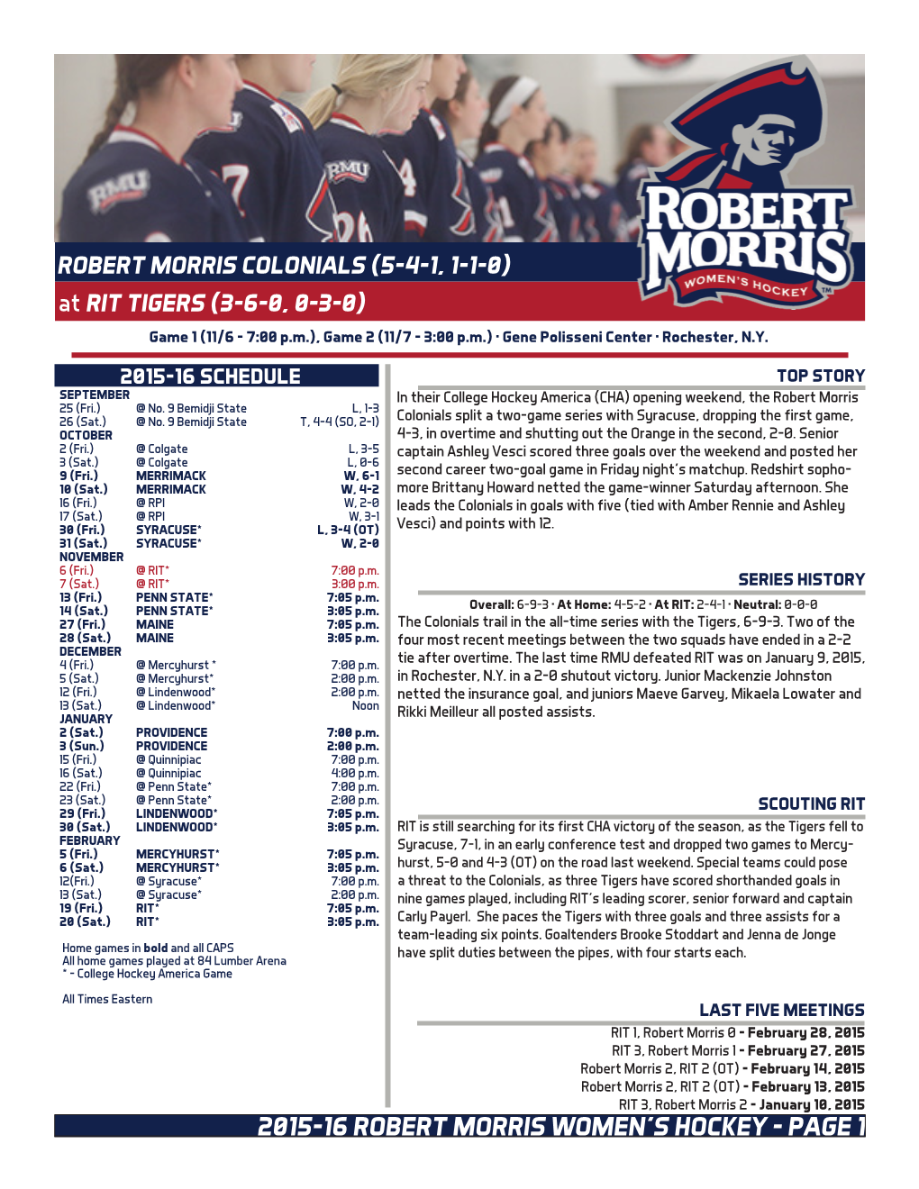 2015-16 Robert Morris Women's Hockey Robert Morris Combined Team Statistics (As of Oct 31, 2015) All Games