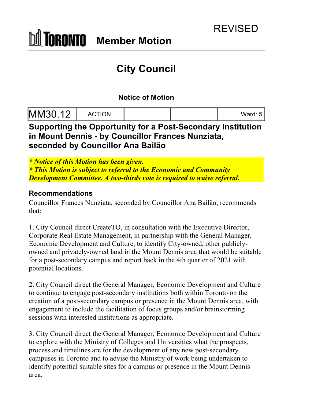 Member Motion City Council MM30.12 REVISED