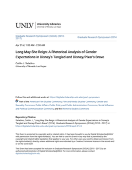 Long May She Reign: a Rhetorical Analysis of Gender Expectations in Disneyâ•Žs Tangled and Disney/Pixarâ•Žs Brave