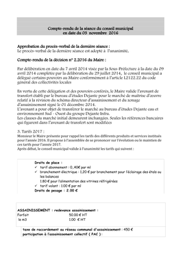Compte-Rendu De La Séance Du Conseil Municipal En Date Du 03 Novembre 2016