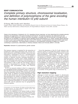 Complete Primary Structure, Chromosomal Localisation, and Deﬁnition of Polymorphisms of the Gene Encoding the Human Interleukin-12 P40 Subunit