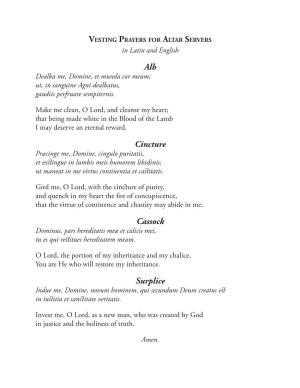 Vesting Prayers for Altar Servers in Latin and English Alb Dealba Me, Domine, Et Munda Cor Meum; Ut, in Sanguine Agni Dealbatus, Gaudiis Perfruare Sempiternis