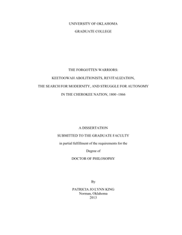 Keetoowah Abolitionists, Revitalization, the Search for Modernity, and Struggle for Autonomy in the Cherokee Nation, 1800 -1866