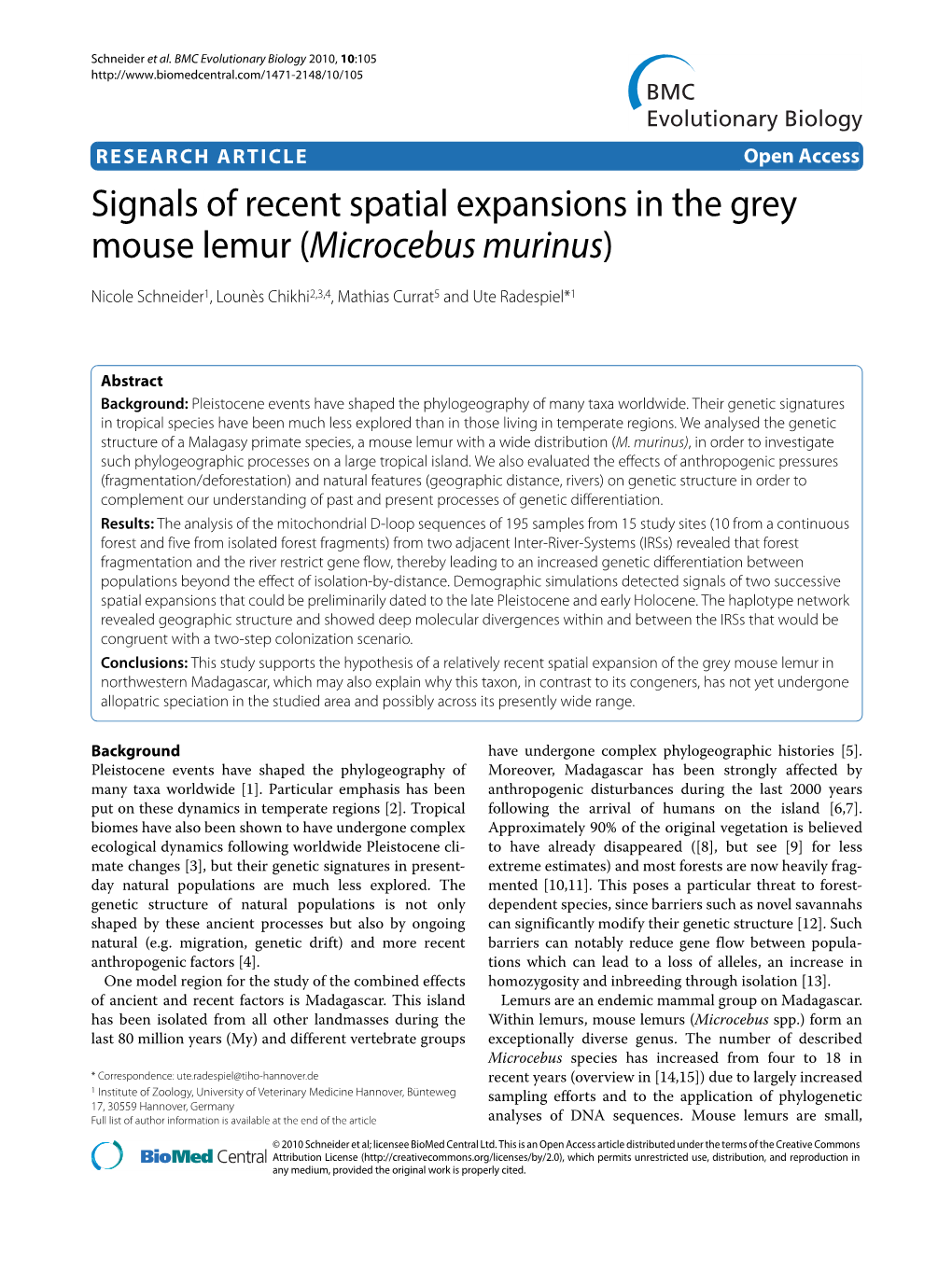 Signals of Recent Spatial Expansions in the Grey Mouse Lemur (Microcebus Murinus) BMC Evolutionary Biology 2010, 10:105