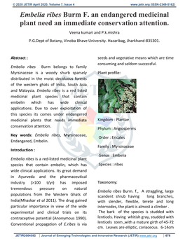 Embelia Ribes Burm F. an Endangered Medicinal Plant Need an Immediate Conservation Attention