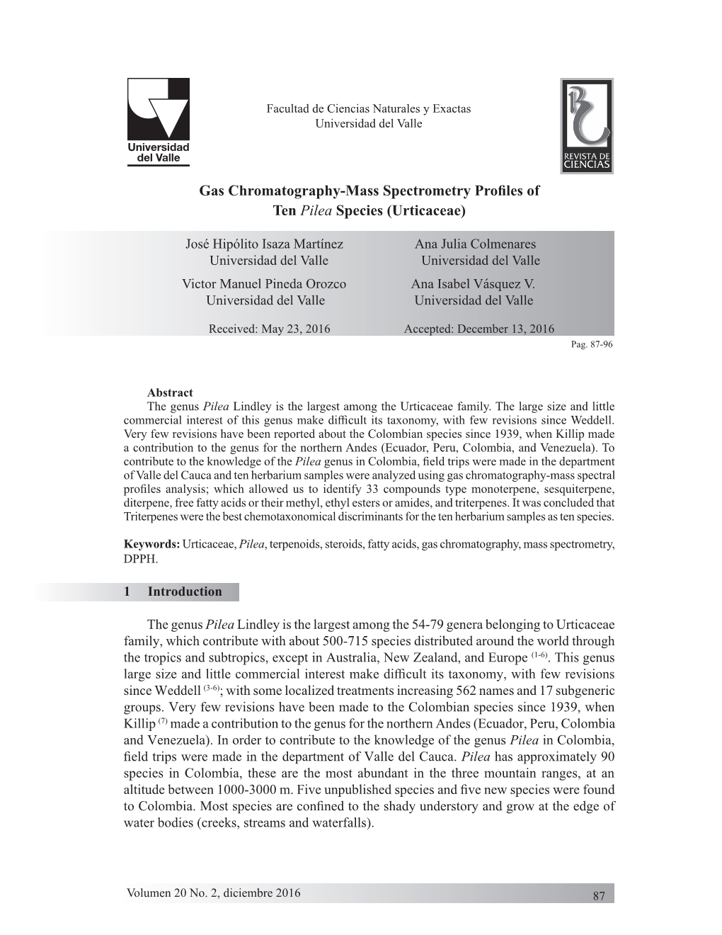 Gas Chromatography-Mass Spectrometry Profiles of Ten Pilea Species (Urticaceae)